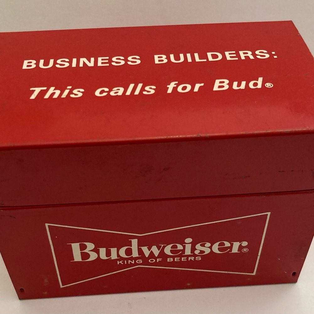 Vintage Budweiser advertisement tin “Business Builders This Calls for a Bud”